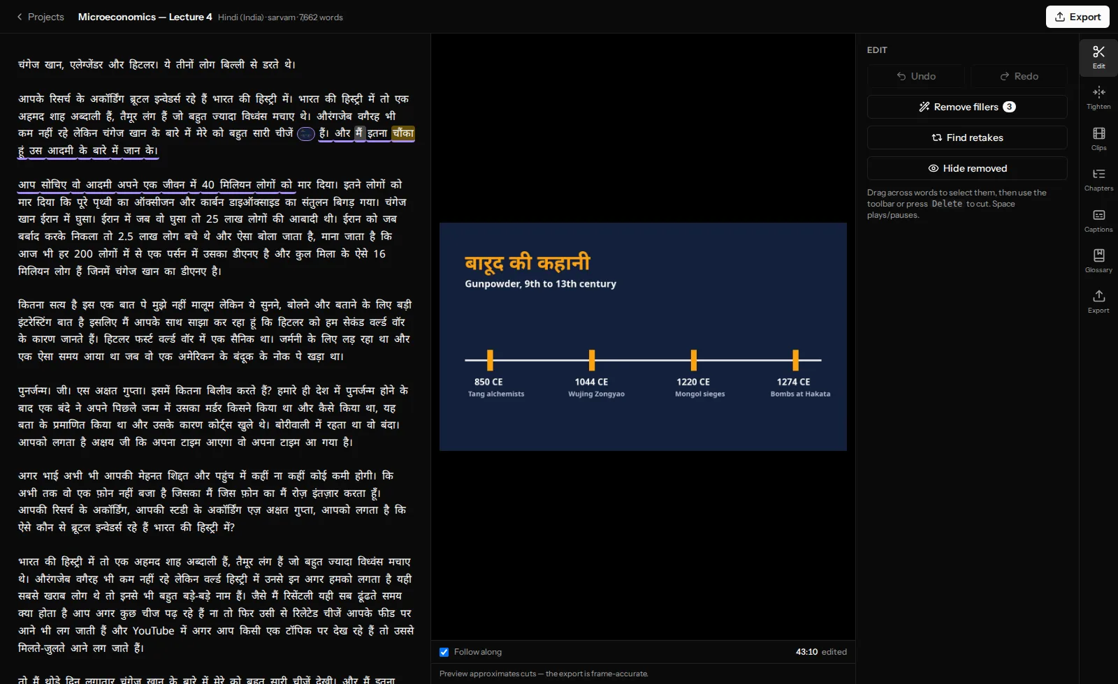 A Hindi lecture transcript in VidCarve with two runs of words carrying a coloured media line, and a slide covering the video preview while those words play