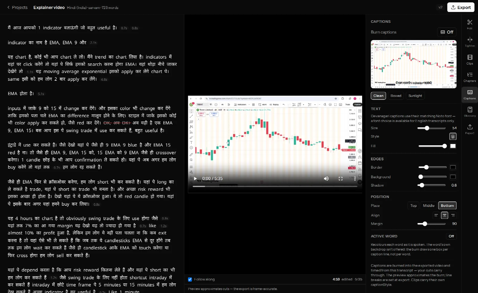 The VidCarve caption style editor showing Clean, Boxed and Sunlight presets with text, edges, position and active word controls, and a Hindi caption preview
