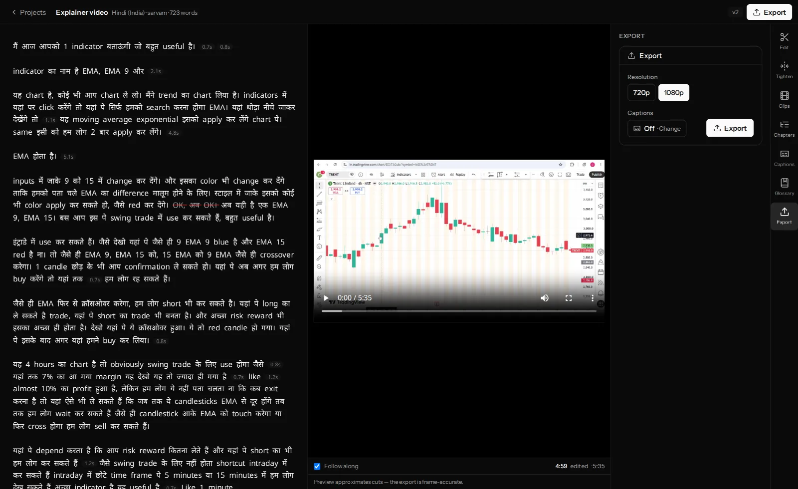 The VidCarve Export panel with 720p and 1080p resolution buttons, a Captions control reading Off, and the Export button, beside a Hindi transcript and video preview