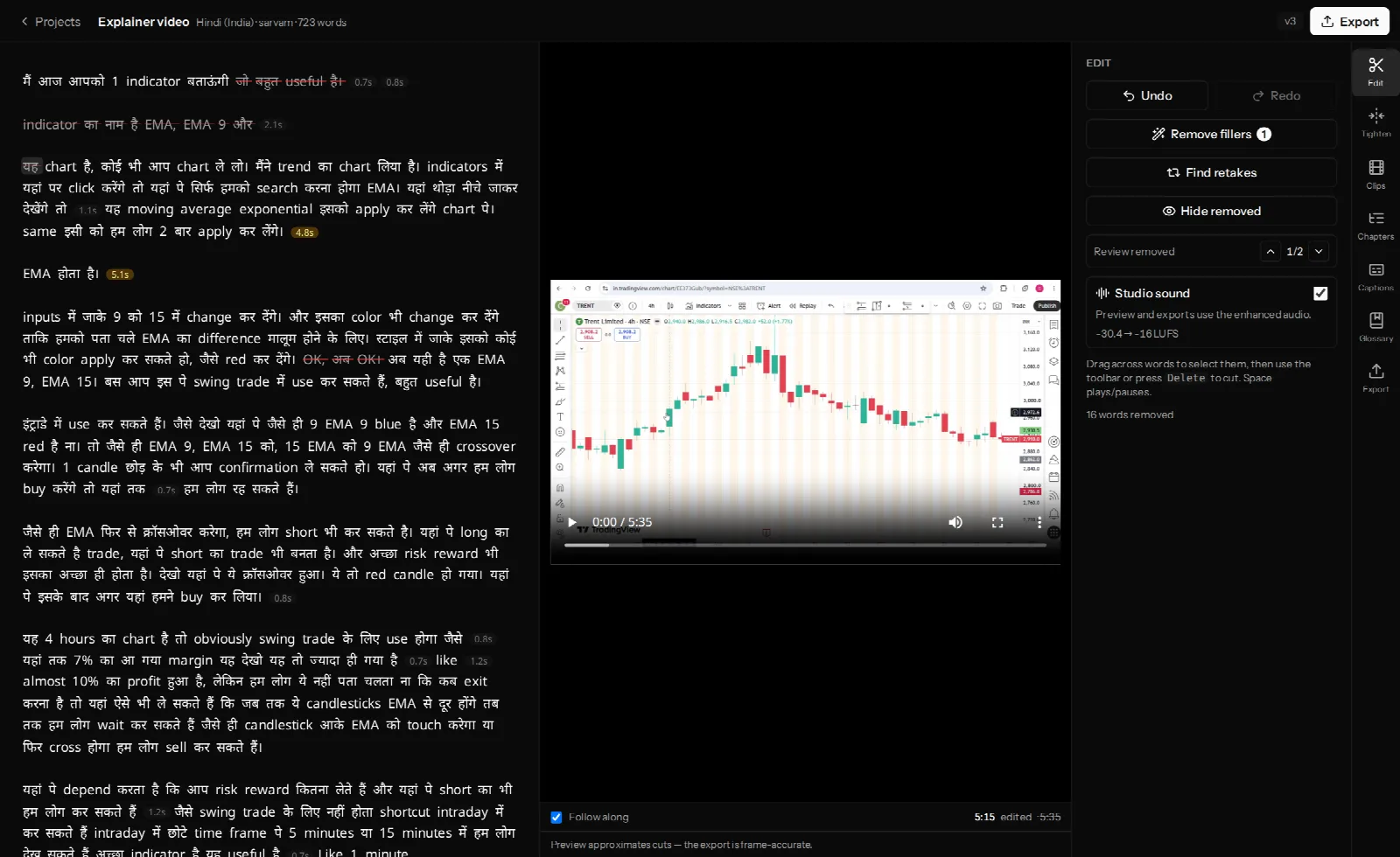 A transcript in VidCarve with several runs of words struck through in red, each strike a jump cut in the exported video, beside the video preview