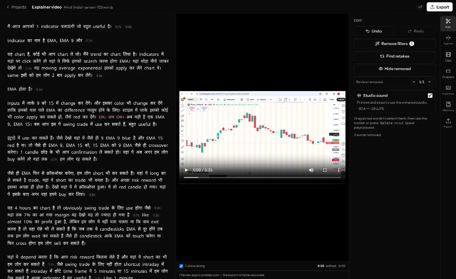 The VidCarve editor: a Hindi transcript on the left with words available to select and strike, the video preview in the centre, and the tool rail on the right