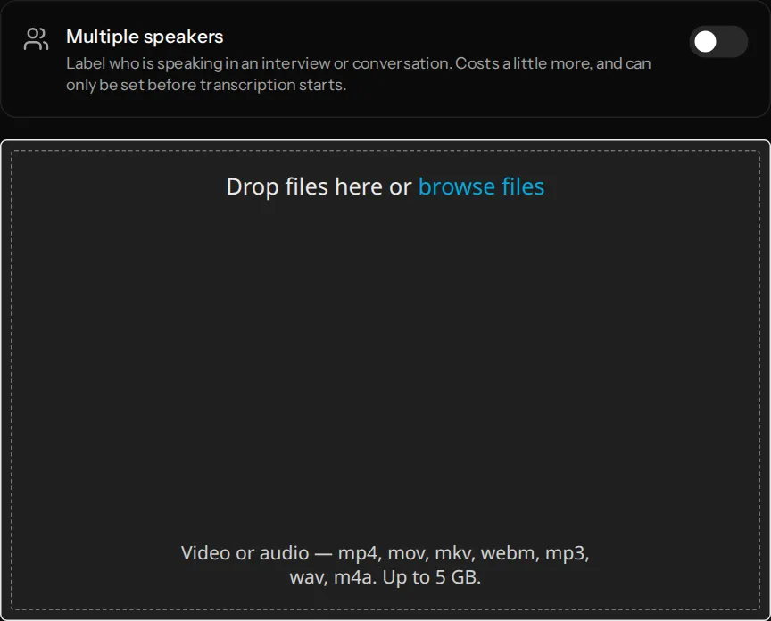 The VidCarve upload screen with the Multiple speakers toggle above the file dropzone